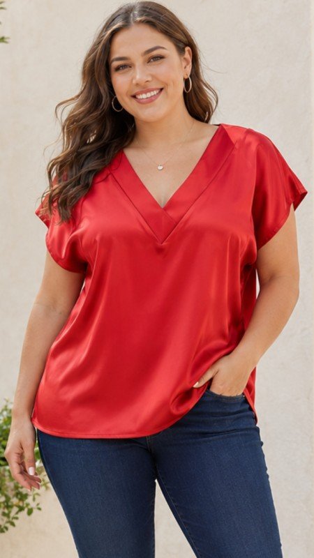 Picture of 61016T-CURVY SATIN V NECK TOP -PREORDER