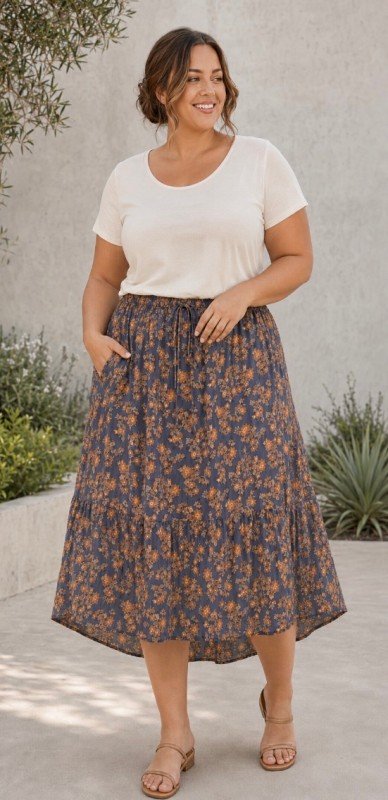 Picture of 053026S-CURVY FLORAL MIDI SKIRT CURVY WITH POCKETS AND LINING